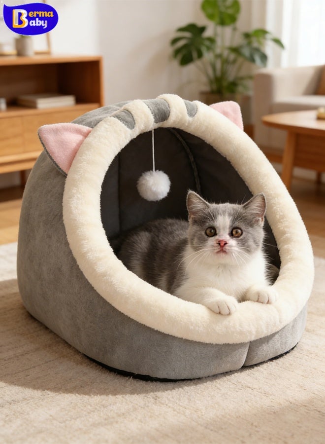 Cat Beds for Indoor Cats, Semi-Enclosed Cat Cave Bed Large Space for Cats to Sleep Soft and Comfortable Covered Cat Bed with a Washable and Detachable Mat (L, Grey) - Image 1